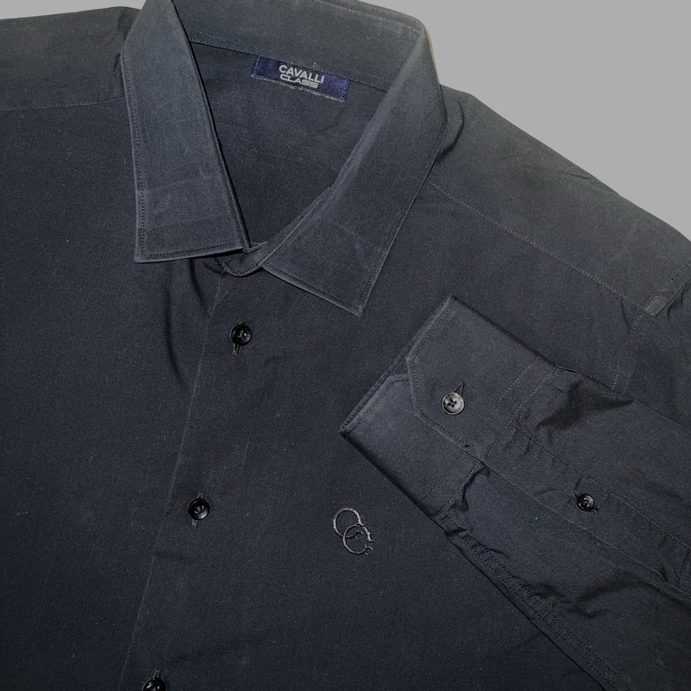 Cavalli Class Dress Shirt Men's Sz 43/17 Black Embroider Monogram Logo Button Up